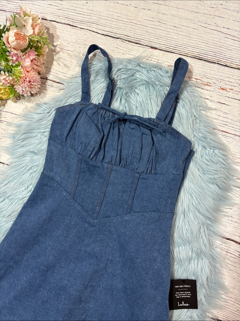 NWT Lulus Considered Charisma Blue Chambray Bustier Mini Dress - Picture 7 of 7